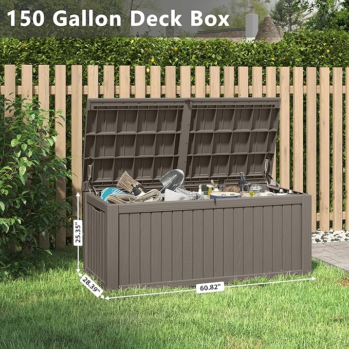 150 Gallon Resin Deck Box, Large Indoor and Outdoor Storage Box, Weatherproof and UV Resistant Outdoor Storage Box with Built-in Steel Beams for Patio, Cushions, Pool Supplies-Ruum Studio Home