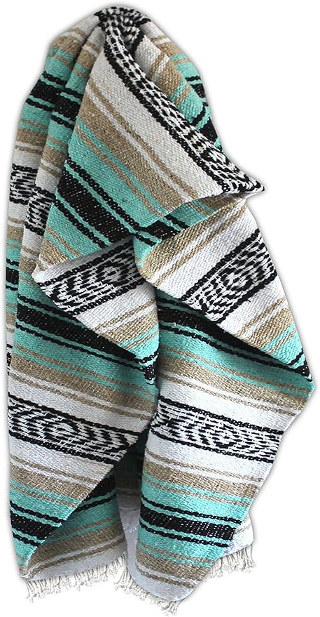 Del Mex Classic Mexican Blanket, Large Authentic Woven Falsa Throw (70"x50"), Artisan Southwest Décor for Beach, Yoga, Outdoors (Mint/Tan)-Ruum Studio Home