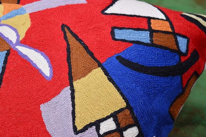 Kandinsky Contemporary Throw Pillow Cover - Bright | Red Modern Pillow Cases | Abstract Accent Pillows | Contemporary Couch Cushions | Hand Embroidered Cushion | Wool Size 18x18-Ruum Studio Home