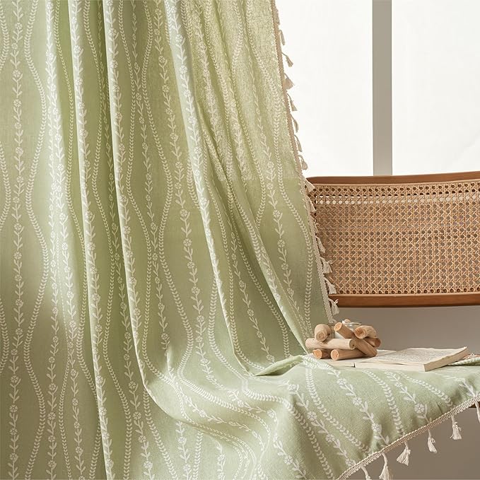 Sutuo Home Green Boho Curtains 84 Inches Long for Bedroom Living Room Dining Room, Bohemian Stripe Floral Vintage Tassels Window Treatment Drape for Easter Decor Rod Pocket, 1 Panel 59" W x 84" L-Ruum Studio Home