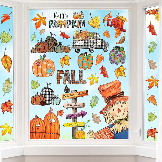 Fall Window Clings Decorations for Glass Fall Watercolor Pumpkin Maple Leaves Scarecrow Truck Window Stickers for Autumn Thanksgiving Harvest Party Home Window Decals Decor-Ruum Studio Home
