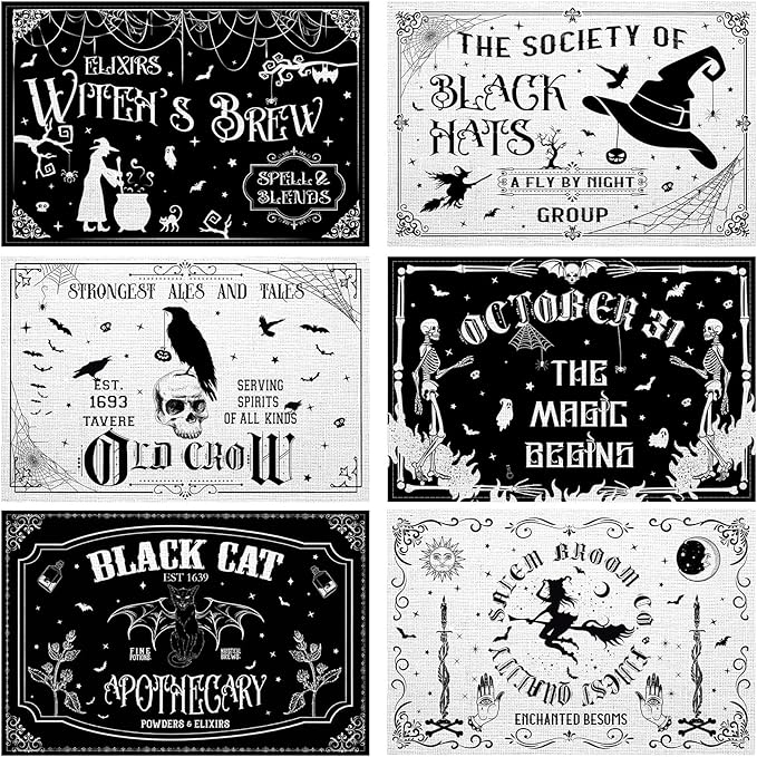 Umigy 6 Pcs Halloween Placemats 12"x18" Gothic Bat Placemats Kitchen Decoration Washable Witch Place Mats Rectangle Skull Table Mats for Halloween Dining Table Accessories(Black White Character Style)-Ruum Studio Home