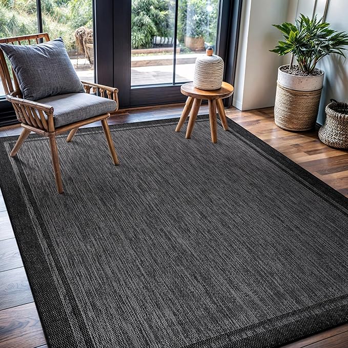 CAMILSON Indoor Outdoor Rug, 6x9 Bordered Dark Grey Black Modern Area Rugs for Indoor and Outdoor Patios, Kitchen and Hallway Mats, Washable Porch Deck Outside Carpet (Bordered Black, 6 x 9)-Ruum Studio Home
