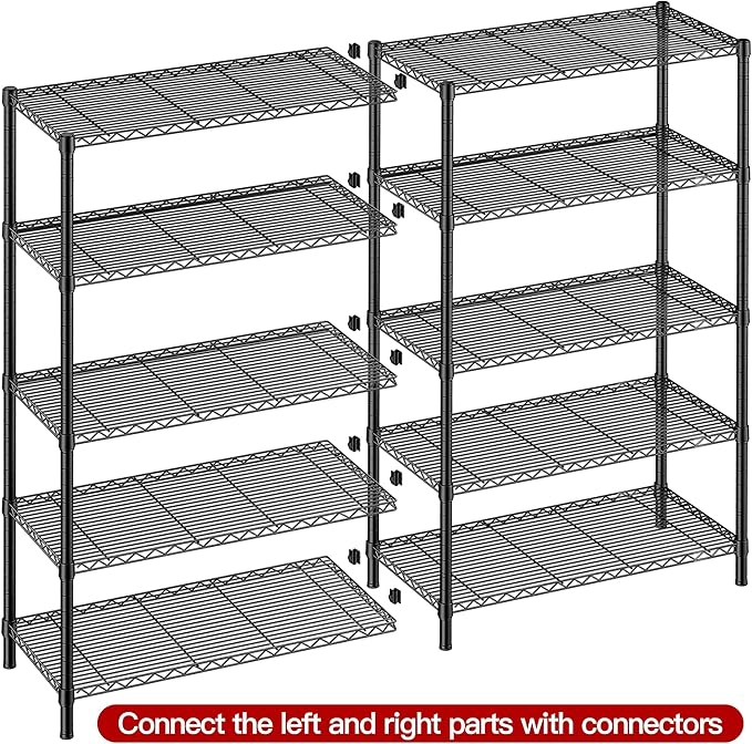 REIBII 5 Tier Wire Shelving Storage Shelves Loads 1430LBS, 58" W Metal Shelving Unit for Storage Adjustable Heavy Duty Garage Shelving Pantry Shelves Kitchen Shelving, Black, 2 Pack-Ruum Studio Home