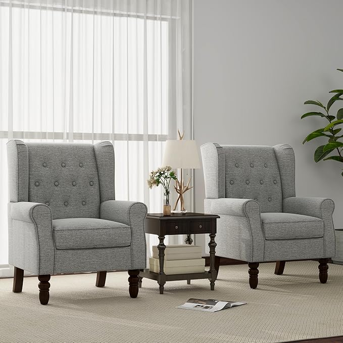 Accent Chair, Upholstered Armchair with Button Tufted High Back & Solid Wood Legs, Comfy Wingback Reading Single Sofa Chair for Small Spaces, Living Room, Bedroom (Light Grey, Set of 2)-Ruum Studio Home