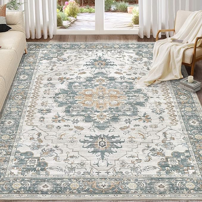 Washable Area Rugs for Living Room - 7x9 Neutral Vintage Distressed Floral Farmhouse Boho Large Soft Floor Rug Indoor Non Slip Carpet for Living Room Bedroom Dining Room Office - Green/Grey-Ruum Studio Home