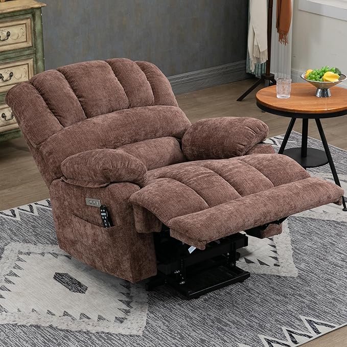Large Power Lift Recliner Chair with Massage and Heat for Elderly, Ergonomic Backrest, Infinite Adjust, 2 Side Pockets,USB and Type-C Ports, Chenille Brown-Ruum Studio Home