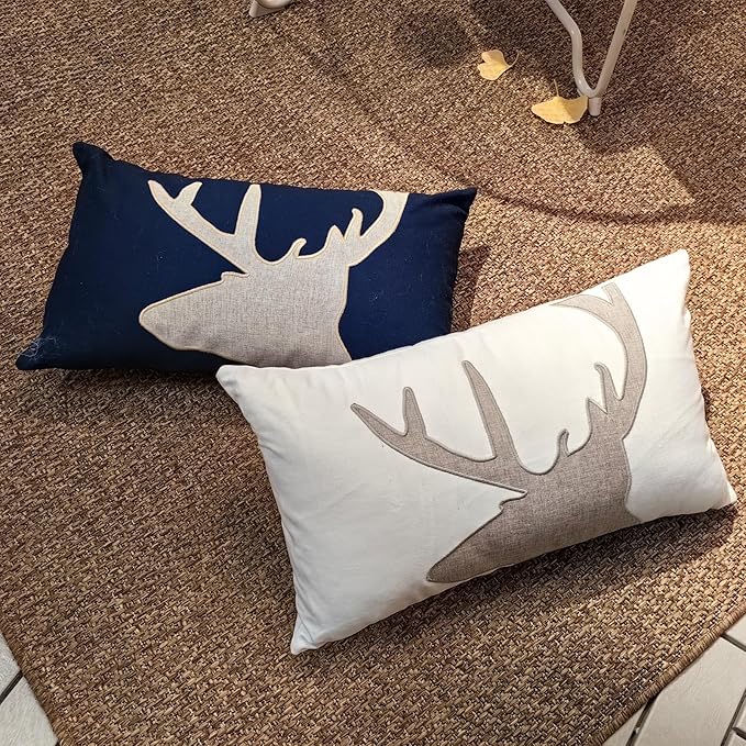 Lumbar Pillow Covers 12x20 Inches Deer Decorative Cotton Linen Deer Head Throw Lumbar Waist Embroidered Cushions Covers for Couch Sofa Bedroom White-Ruum Studio Home