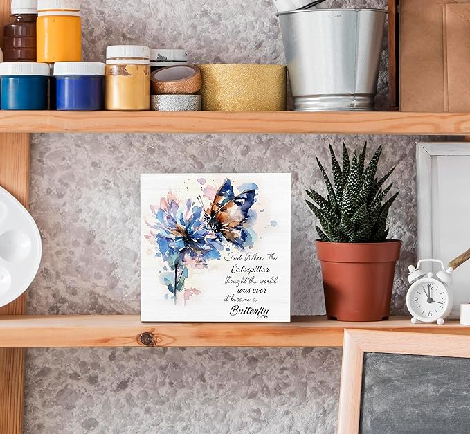 SRADMO Inspirational Desk Signs, Inspirational Butterfly Wood Box Sign Desk Decor, Motivational Desk Decor, Encouragement Theme Wooden Block Box Sign Decoration for Home Office Shelf Table Decor-Ruum Studio Home