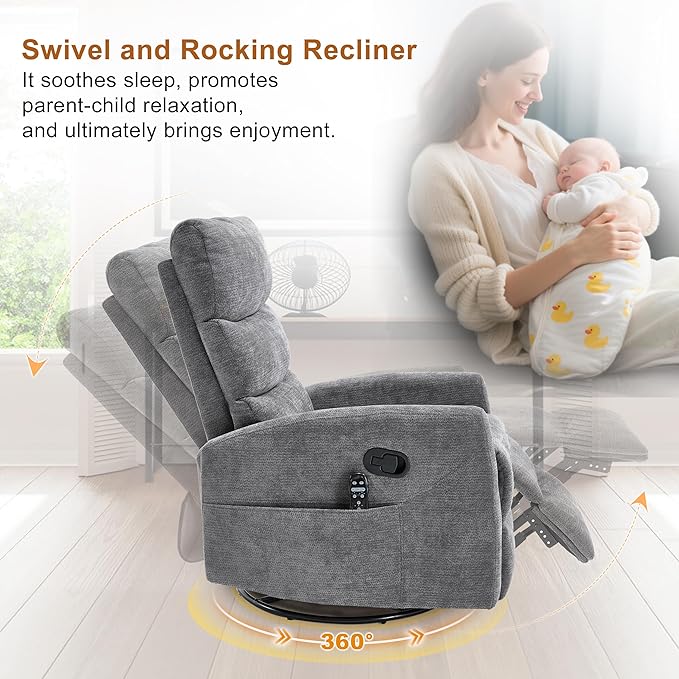 Manual Swivel Rocker Recliner Chair for Adults, Overstuffed Reclining Glider Chair for Nursing with Vibration Massage & Heat, Living Room Rocking Recliner 3-Stage backrest, Chenille Fabric Dark Gray-Ruum Studio Home