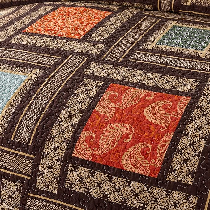 NEWLAKE Cotton Patchwork Bedspread, 3-Piece Bedding Quilt Set with Real Stitched Embroidery, Reversible Matelasse Bed Coverlet Set,Bohemian Farmhouse,Queen Size-Ruum Studio Home