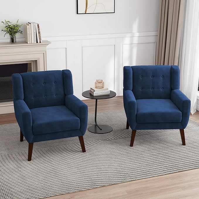 UIXE Velvet Accent Chairs Set of 2, Modern Arm Chair Mid-Century Living Room Armchair, Comfy Upholstered Button Tufted Reading Seat Bedroom Side Sitting, Royal Blue-Ruum Studio Home
