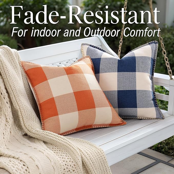 decorUhome Buffalo Plaid Check Throw Pillow Covers 18x18 Set of 2, Outdoor Decorative Farmhouse Neutral Pillow Covers with Stitched Edge for Bed Couch Sofa, Navy Blue and White-Ruum Studio Home