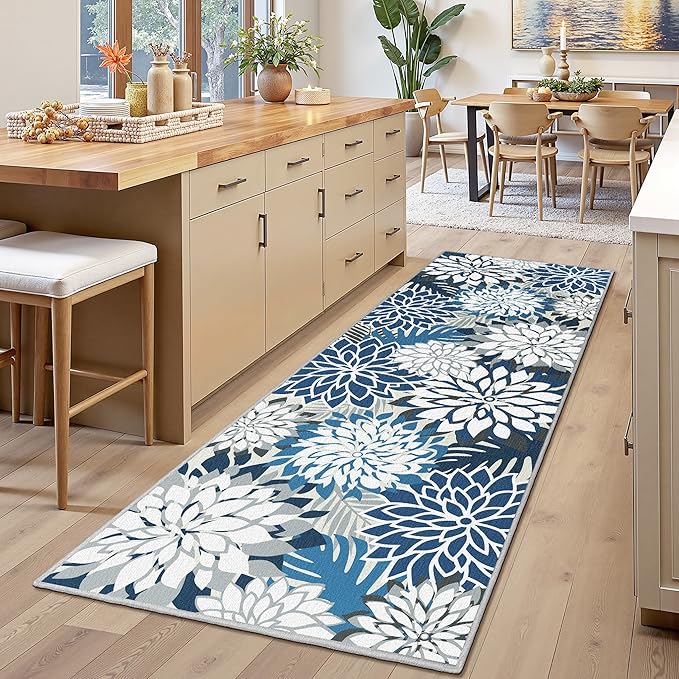 Area Rug 2x6 Blue White Washable Entry Rug Multicolored Tropical Botanical Modern Floral Indoor Kitchen Door Mat Entrance Carpet Non Slip for Bedroom Living Room, Porch-Ruum Studio Home