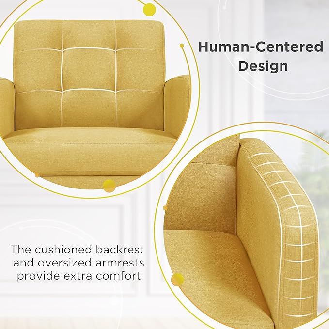 Yaheetech Mid-Century Accent Chairs, Modern Upholstered Living Room Chair, Cozy Armchair Button Tufted Back and Wood Legs for Bedroom/Office/Cafe, Yellow-Ruum Studio Home