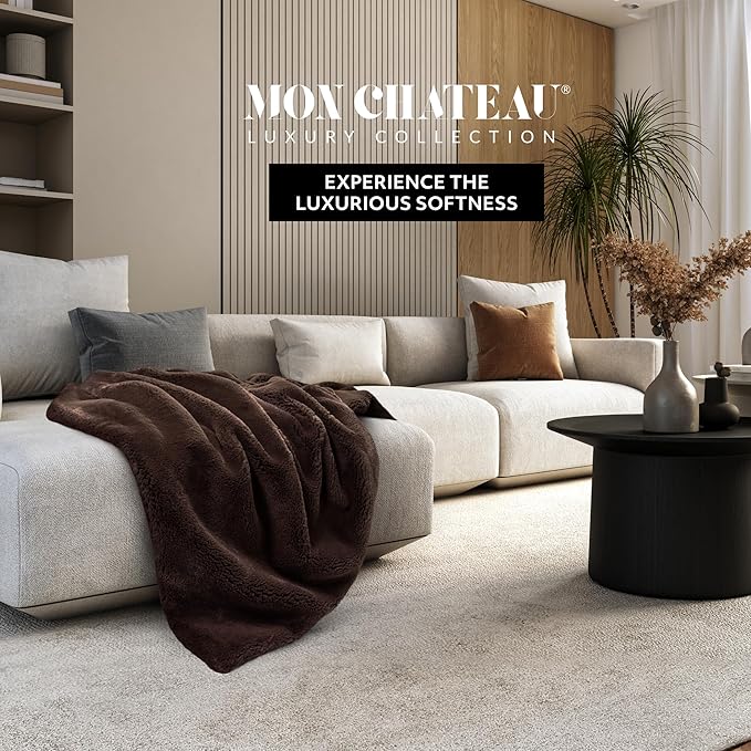Mon Chateau Luxury Ultimate Plush Faux Fur Throw with 6cm Foldover for Couch, Sofa, or Bed - Plush Ultra Soft Blanket for Sleeping or Home Décor, 60" x 70" (Foldover Brown)-Ruum Studio Home