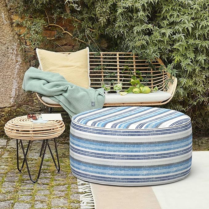 LVTXIII Outdoor Inflatable Ottoman, Fade-Resistant Round Footrest Stool D31”x H14”, Portable Patio Pouf for Garden Camping or Home Use, Stripe Layered Blue-Ruum Studio Home