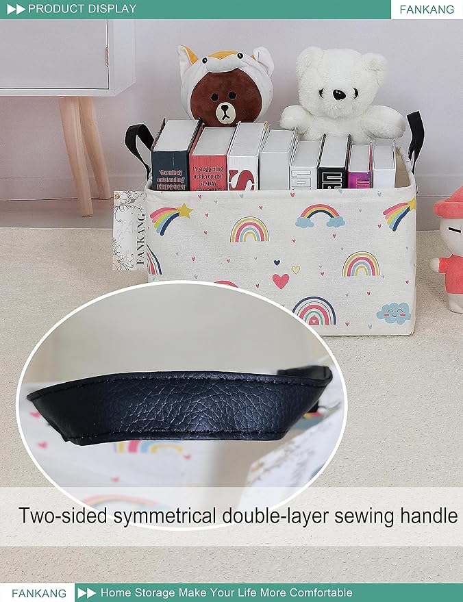 FANKANG Storage Bins, Nursery Hamper Canvas Laundry Basket Foldable with Waterproof PE Coating Large Storage Baskets for Kids Boys and Girls, Office, Bedroom, Clothes,Toys(Rec-Love Rainbow-Ruum Studio Home