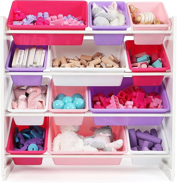 Humble Crew Kids Toy Storage Organizer with 12 Plastic Bins, White/Pink/Purple – Removable Bins for Playroom, Bedroom, Toddler Furniture for Boys and Girls Ages-Ruum Studio Home
