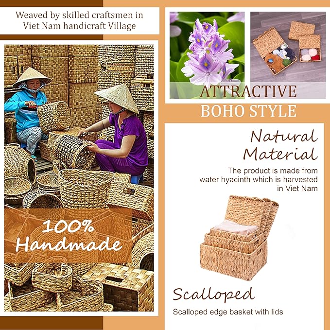 Set of 3 Scalloped Edge Wicker Basket with Lid, Rectangle Wicker Storage Basket with Built-in Handles, Multipurpose Organizer Rattan Display Boxes for Shelf, Nursery Room-Ruum Studio Home