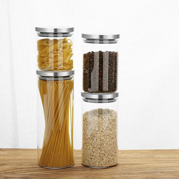 SIXAQUAE Glass Food Storage Containers Jar Stainless Steel Lids 2 Packs 1000ml Airtight Canister Organization Sets Stackable…-Ruum Studio Home