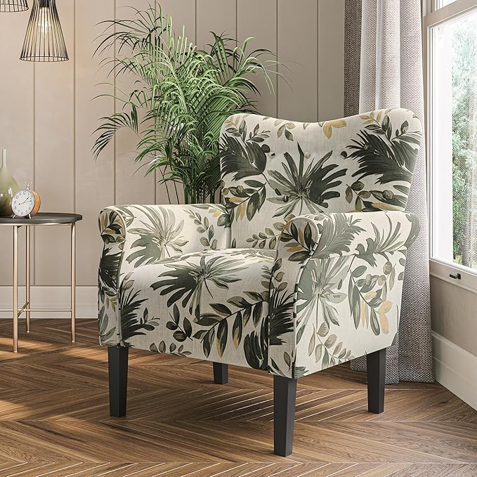 BELLEZE Modern Accent Chair for Living Room, High Back Floral Armchair with Wooden Legs, Upholstered Wingback Side Chair Padded Armrest Single Sofa for Living Room, Bedroom - Allston (Green Floral)-Ruum Studio Home