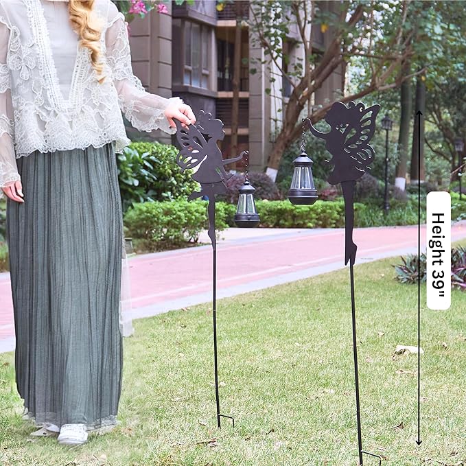 Fairy Garden Accessories Halloween Decorations Lawn Ornaments 1 Pair - Solar Lights Outdoor Garden Statue, Metal Stakes Decorative Figurines for Yard Decor, Patio (Type A Warm Lighting)-Ruum Studio Home