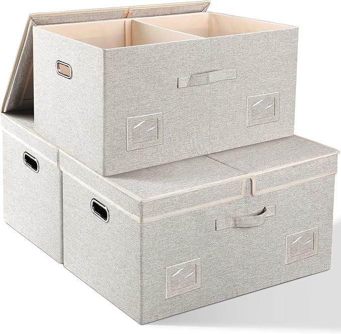 75 Quarts Extra Large Decorative Storage Bins with Lids, 3 Packs Beige Collapsible Storage Bins with Lids, Stackable Storage Bins Decorative Box Storage With Lid Extra Large-Ruum Studio Home