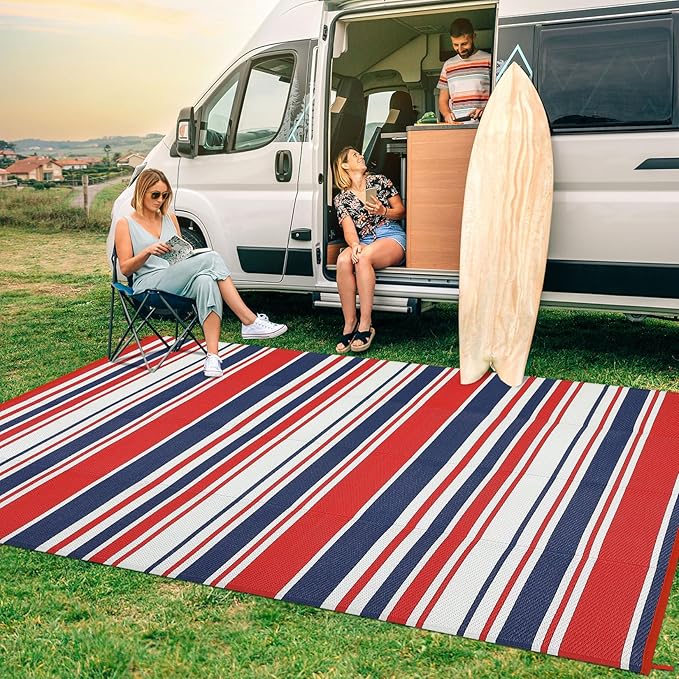 Outdoor Patio Rug 9x12 Stain-Resistant Reversible Camping Mat, Modern Striped Outdoor Plastic Straw Rug, Waterproof Outside Carpet, Easy to Clean for RV, Porch, Deck, Balcony, Red Blue White-Ruum Studio Home