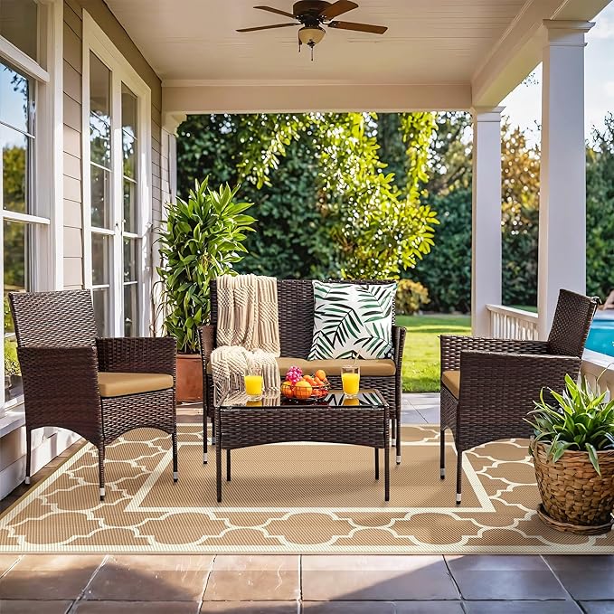 GENIMO 9' x 12' Outdoor Rug for Patio Clearance, Waterproof Indoor Outdoor Plastic Straw Rugs Carpet, Reversible Outside Area Rv Mat for Camping, Balcony Porch, Deck, Picnic, Beach (Brown & Beige)-Ruum Studio Home