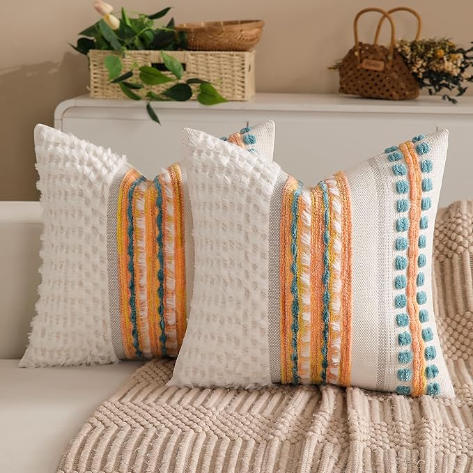 Boho Chenille Tufted Couch Throw Pillow Covers 18x18 Inch Set of 2 Farmhouse Striped Decorative Pillow Covers Accent Neutral Pillowcase Yellow Teal Cushion Cover for Living Room Sofa Bed-Ruum Studio Home