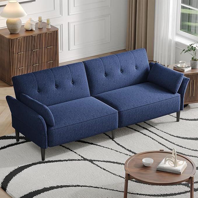 89” Futon Sofa Bed, Linen Comfy Futon Couch Bed with 2 Square Pillows, Convertible Sleeper Sofa with Adjustable Backrest& Armrests, Modern Loveseat Sleeper for Living Room, Bedroom, Blue-Ruum Studio Home