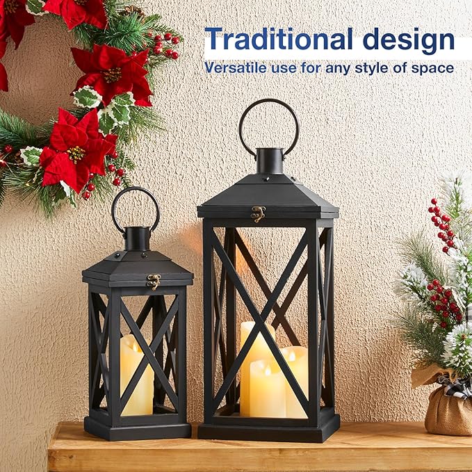 Glitzhome Modern Farmhouse Wooden Lantern Hanging Decorative Candle Lantern for Outdoor & Indoor Black Set of 2 (No Glass)-Ruum Studio Home