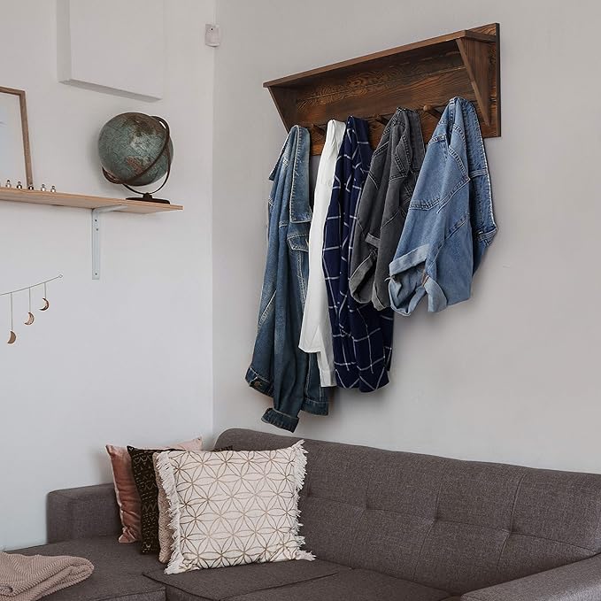 WEBI Coat Rack Wall Mount with Shelf,8 Peg Hooks,34" Long Rustic Entryway Wall Shelf with Hooks Underneath for Hanging Coats,Clothes,Bathroom,Rustic Brown-Ruum Studio Home