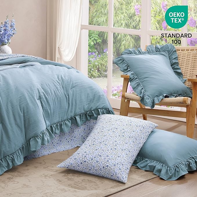 Queen Comforter Set - 7 Pieces Ruffle Blue Bedding Sets, Shabby Chic Farmhouse Bed in a Bag Queen with Ruffle Comforter, Floral Sheets, Pillowcases & Shams-Ruum Studio Home