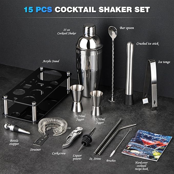 Cocktail Shaker Set Bartender Kit : 15-Piece Stainless Steel Bartender Kit with Acrylic Stand Bars Set with All Practical Bars Accessories, Bar Tools for Drink Mixing, Bar, Home, Lounge & Party-Ruum Studio Home