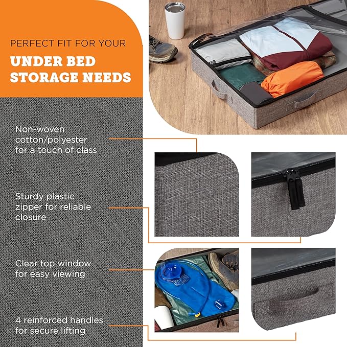 storageLAB Under Bed Storage Containers, Low Profile Underbed Organizers with Sturdy Handles, Dual Zippers, and Clear Windows, Ideal for Clothes, Pillows, and Blankets - 2 Pack, Low Profile, Gray-Ruum Studio Home