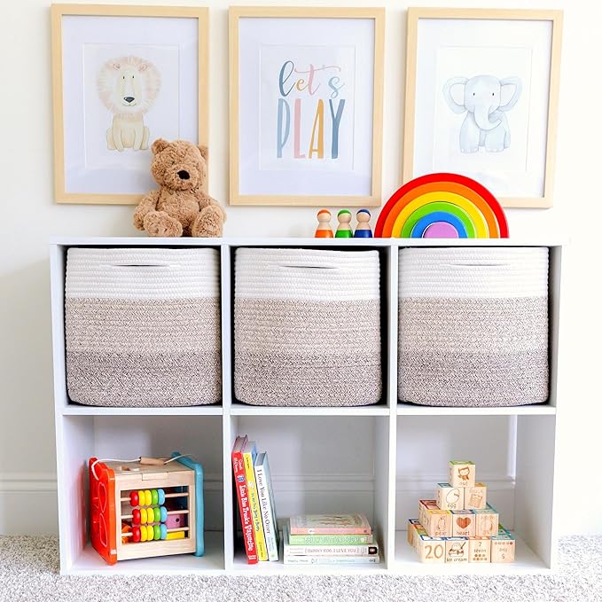 NaturalCozy 13 Inch Cube Storage Bins Cotton Rope Woven Baskets for Organizing 3-Pack | 13 x 13 Storage Cubes | Fabric Square Storage Baskets for Shelves Organizer, Kids Toy Bins, Closet Baby Nursery-Ruum Studio Home