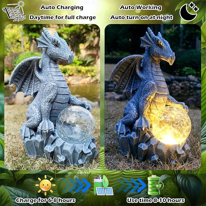 Dragon Solar Garden Statues Outdoor Decoration with Magic Orb,Dragon Figurine Solar LED Lights Lawn Décor,Outside Statue Ornament for Patio, Balcony, Yard,Unique Gifts for Mom Grandma-Ruum Studio Home
