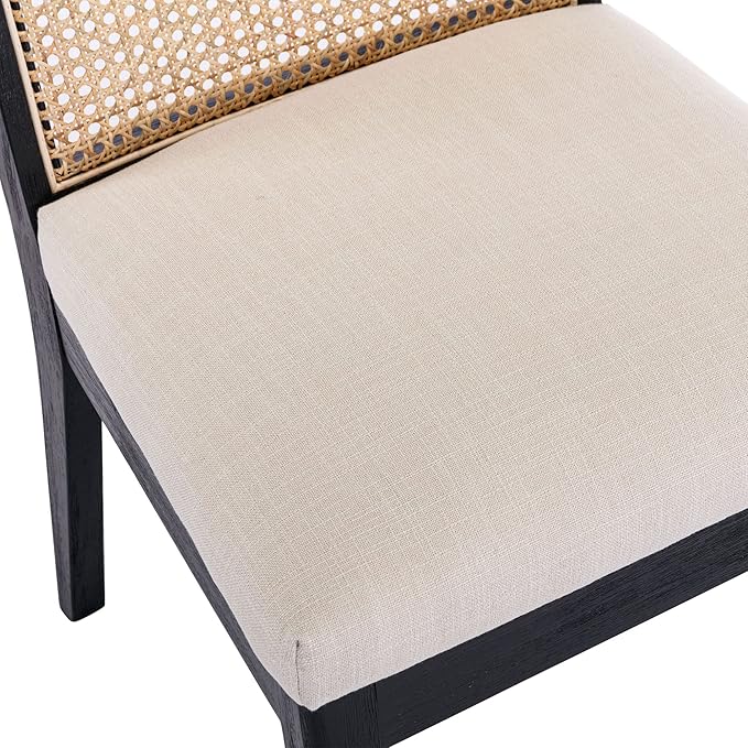 VESCASA Upholstered Dining Chairs with Square Wooden Rattan Back, Armless Padded Linen Cushion Dining Chairs with Wood Legs for Dining Room, Kitchen, Set of 4, Black Frame-Ruum Studio Home