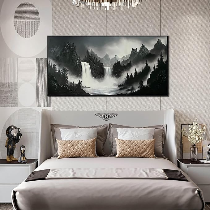 Hand Painted Mountains Painting for Living Room - Waterfall Canvas Wall Art for Office - Large Framed Wall Art Bedroom Size 29" x 59"-Ruum Studio Home