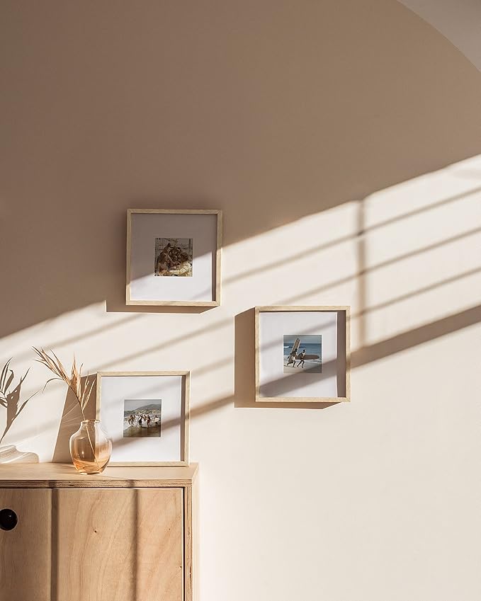 HAUS AND HUES Solid Oak Wood 8”x8” Picture Frames Matted to 4”x4” Set of 3-8x8 Standard Square Picture Frames, Natural Wood Picture Frames 8x8 Square, Matted Picture Frame 8x8 (Beige Oak Frames)-Ruum Studio Home