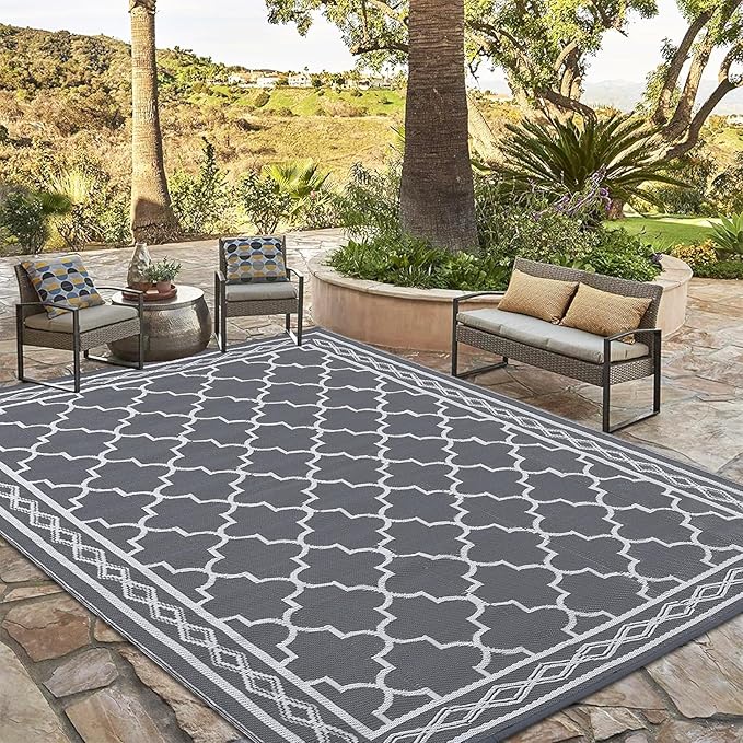 GAOMON Outdoor Rug Waterproof 8'x10', Reversible Outdoor Plastic Straw Rug, Boho Patio Rug, Indoor Outdoor Carpet, RV Mat Outside for Patio, Camp, Picnic, Balcony, Deck, Grey/White(Geometric)-Ruum Studio Home