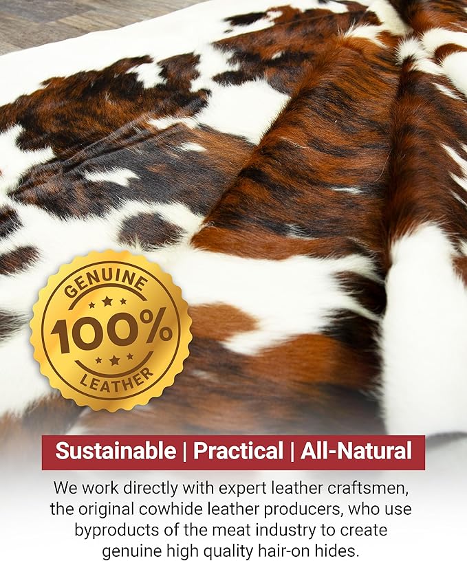 Tricolor Cowhide Rug Classic Brown, Black and White Color Mix, Natural Leather Hide, Area Rug (6x7ft)-Ruum Studio Home