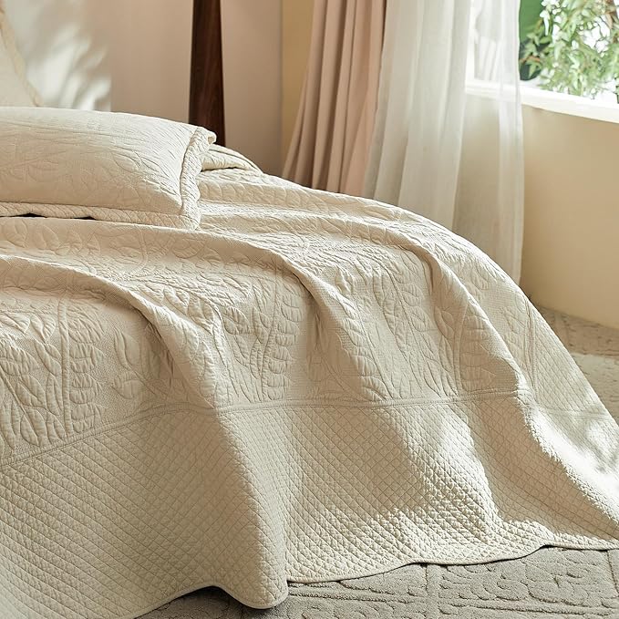 MarCielo 3-Piece 100% Cotton Oversized Bedspread Lightweight Quilt Coverlet Embroidery Farmhouse Bedding Set T0 (Yellowish Beige, Oversized King (118"x106"))-Ruum Studio Home