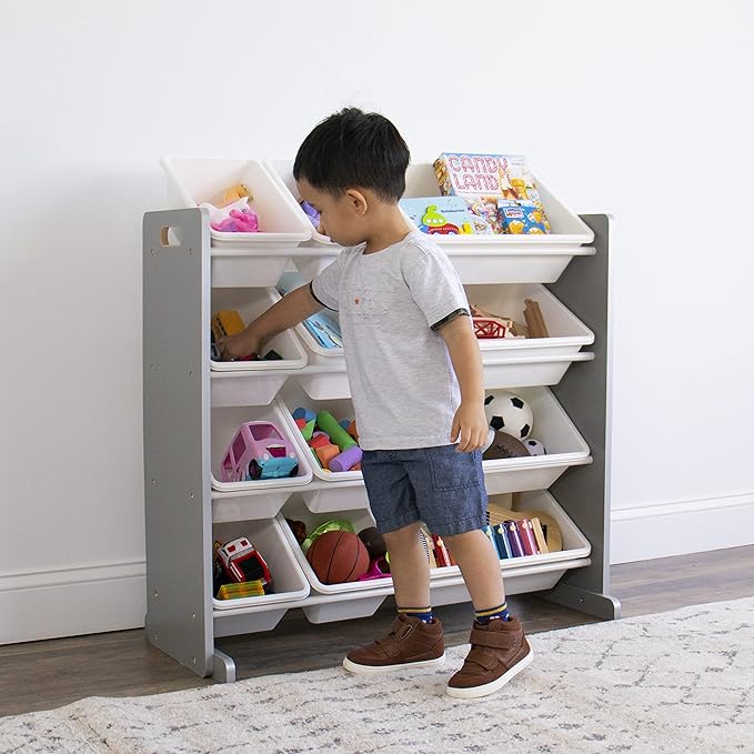 Humble Crew Kids Toy Storage Organizer with 12 Plastic Bins, Grey/White – Removable Bins for Playroom, Bedroom, Toddler Furniture for Boys and Girls Ages-Ruum Studio Home
