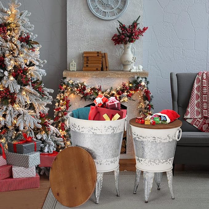 Rustic Storage Farmhouse Accent Side Table, Antique Galvanized Metal End Coffee Cocktail Table Box Bin with Round Wooden Lid Set of 2 (Distressed White)-Ruum Studio Home