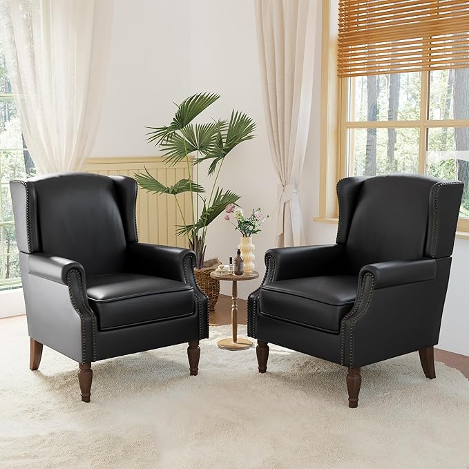 Accent Chairs, Faux Leather High Back Armchair Set of 2 or Living Room, Comfy Upholstered Single Sofa Reading Chairs with Solid Wood Legs for Office, Bedroom, Waiting Room-Black-Ruum Studio Home