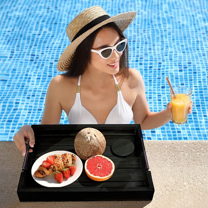 Ottoman Serving Tray | Decorative Coffee Table Tray with Handles – 17x13 Inch Wooden Tray with 4 Coasters for Breakfast, Kitchen & Bar-Ruum Studio Home