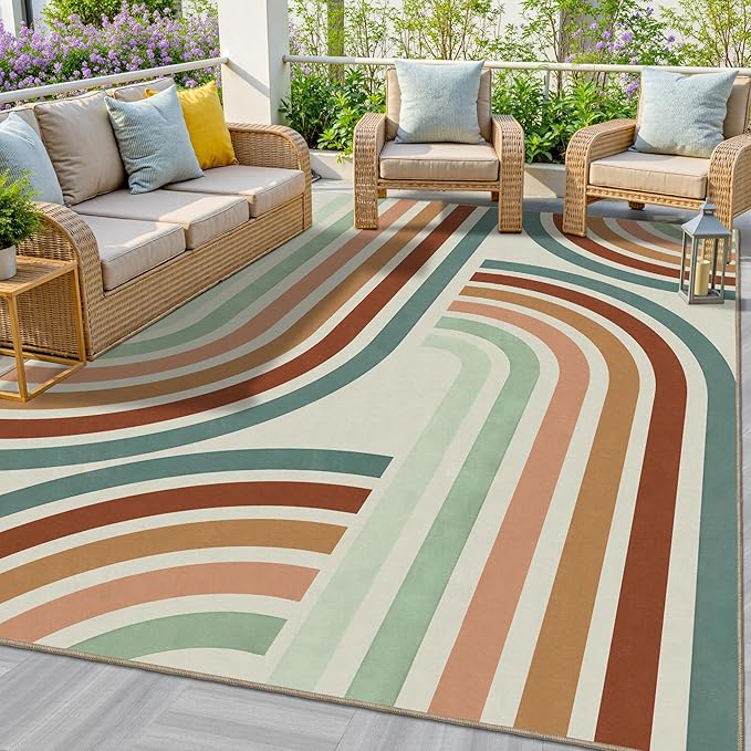 Indoor Outdoor Area Rug, Mid Century Modern Multicolored Outdoor Patio Rug,Washable Abstract Art Rainbow Rugs Non-Slip Carpet for Camping, Bedroom, Deck(8x10)-Ruum Studio Home